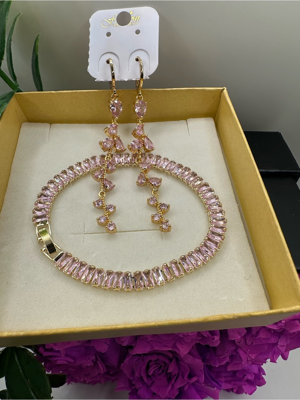 Gold-Tone Pink Crystal Bracelet with Matching Drop Earrings